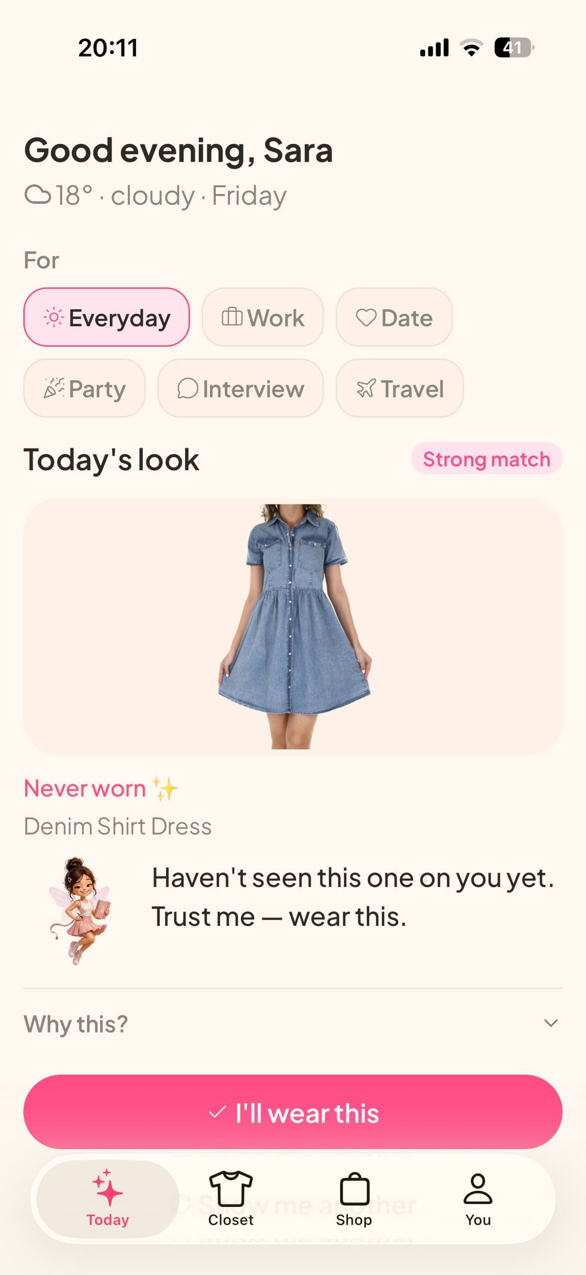 Today's look — a denim shirt dress for a cloudy Friday